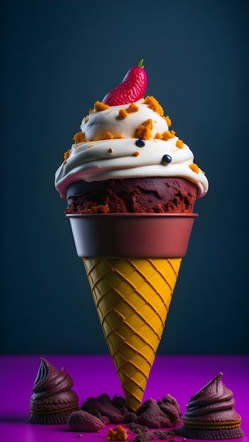 A close up of a ice cream cone with a cherry on top