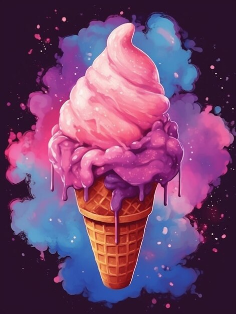 a close up of a ice cream cone with pink icing generative ai