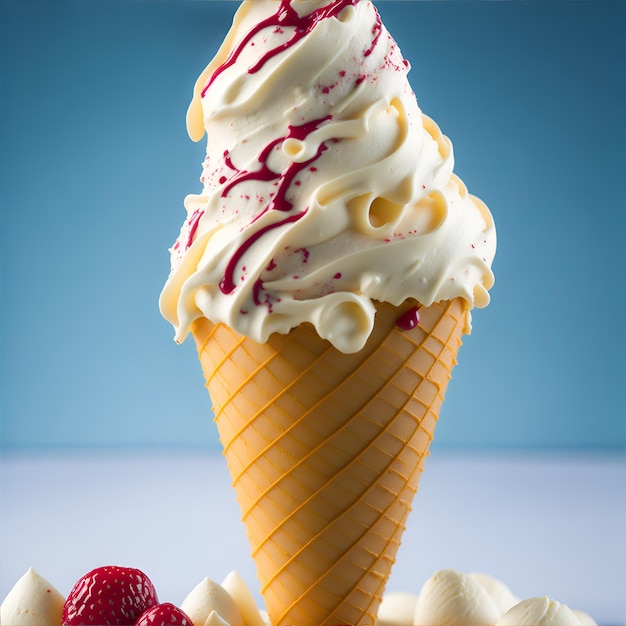 Крупный план рожка мороженого с малиной на нем
