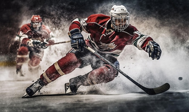 Close up of Ice hockey player on stadium with cinematic style generative ai