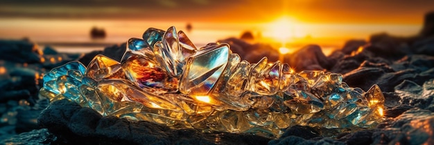 A close up of ice with a sunset in the background