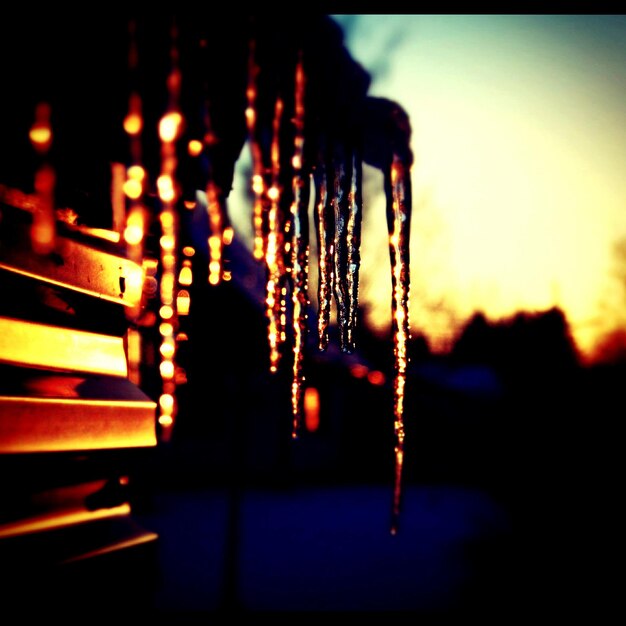 Photo close-up of icicles on roof during sunrise