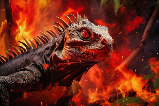 Close up of an iguana fleeing near flames in a forest fire scene