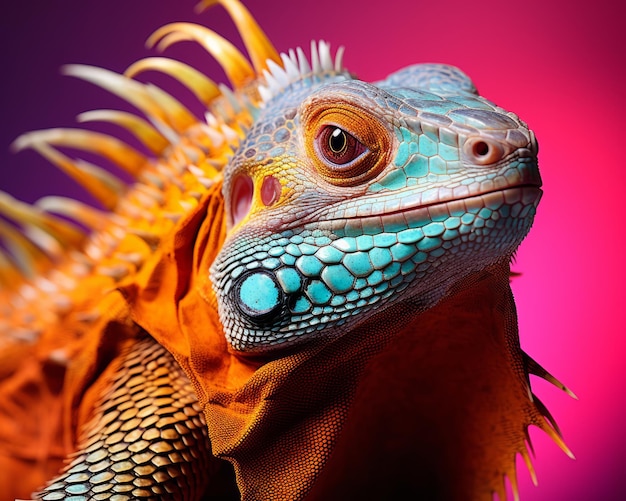 a close up of an iguana on a purple background