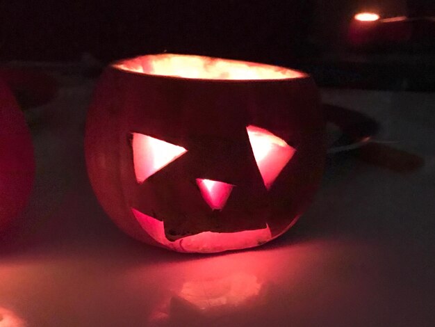 Close-up of illuminated halloween pumpkin