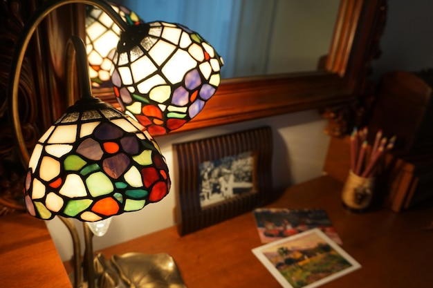 Photo close-up of illuminated lamp shade at home