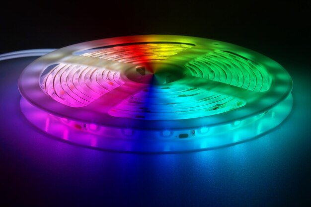 Close-up of illuminated led tape lights on table against black background