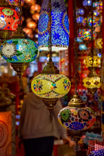 Close-up of illuminated lighting equipment in market