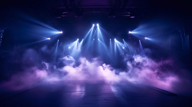 Close up Illuminated stage with scenic lights and smoke Blue purple spotlight with smoke volume light effect on dark background Realistic modern 3d empty minimal scene mockup design