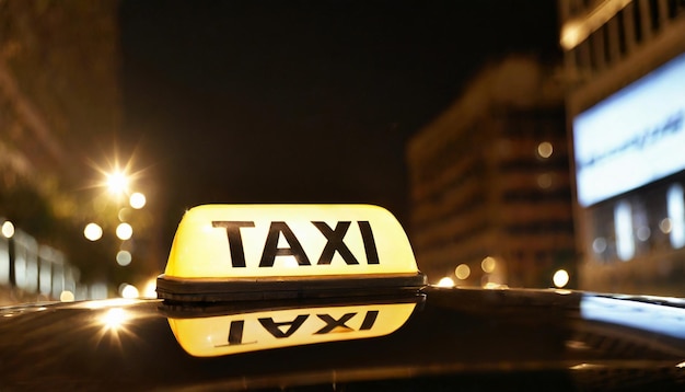 Foto close-up di un cartello di taxi illuminato sul tetto di un'auto nella città notturna