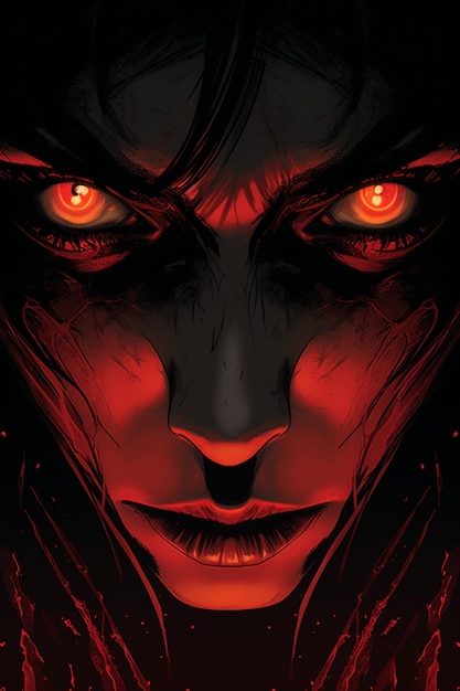 Близкая иллюстрация сердитого лица ведьмы в стиле темного черно-красного