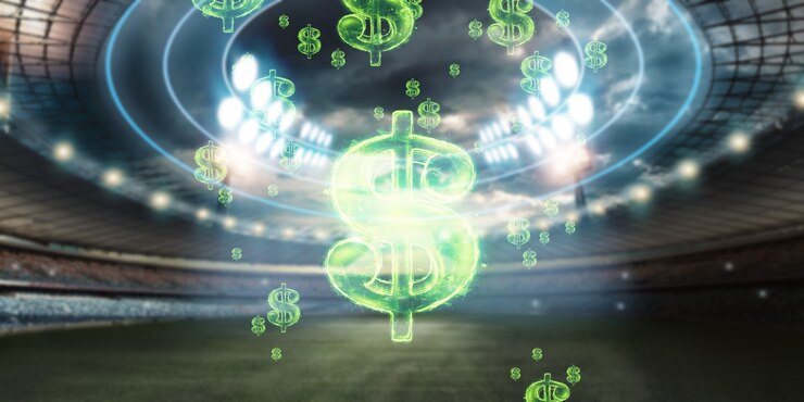 Photo close-up image of the american dollar sign against the background of the stadium. the concept of sports betting, making a profit from betting, gambling. american football.