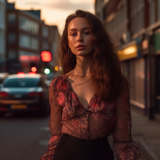 Close up image of beautiful model on the street with night and city light