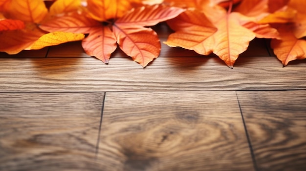 Foto un primo piano di un mucchio di foglie su un pavimento di legno adatto per progetti a tema natura o autunno