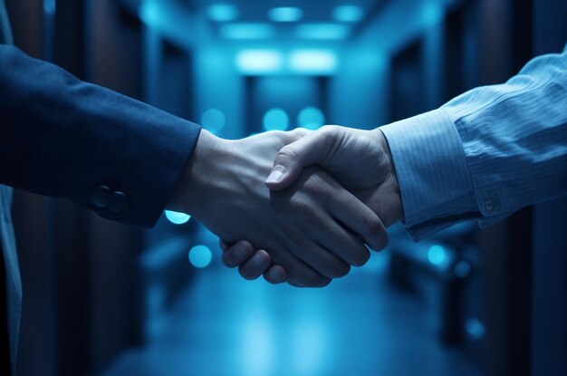 Close up image of business handshake against blue glowing background Partnership concept