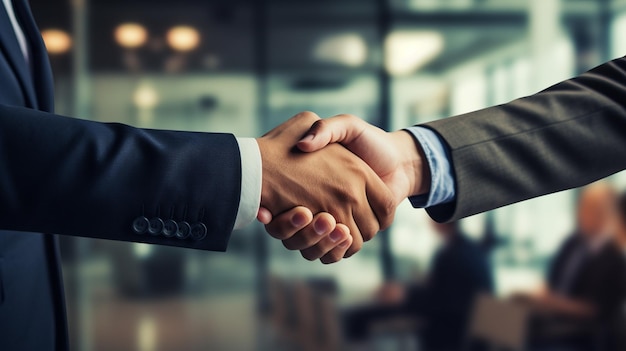 Photo close up image of businessman shake hand with colleagues in the background of business meeting in a modern office