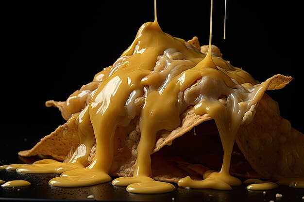 Photo close up image of cheesy nacho dripping on black backdrop