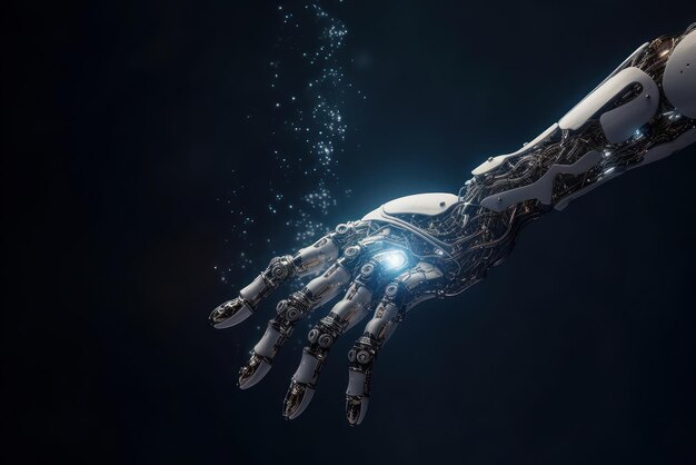 Close up image of cyborg hand anthropomorphic hand metal and wires futuristic digital age robotics d