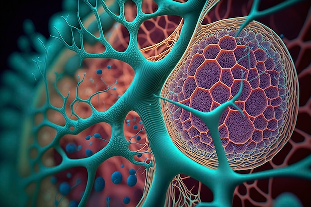 세포와 조직의 복잡한 네트워크를 보여주는 발달 중인 인간 유기체의 클로즈업 이미지