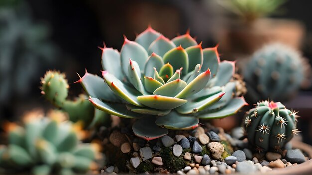 close up image of echeveria and cactus succulent plant