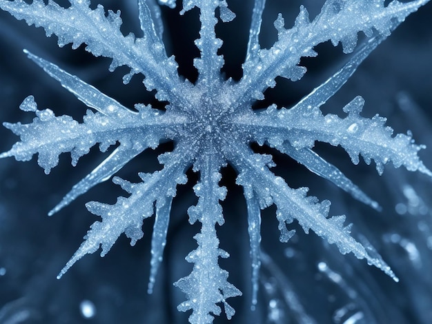 close up image of a eightpointed frost with water droplets