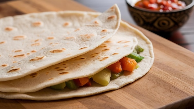 A close up image of a flour tortilla gently folded in half revealing the soft light brown textur