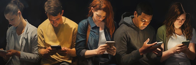 a close up image of groups of people playing with smartphones in the style of dark gold