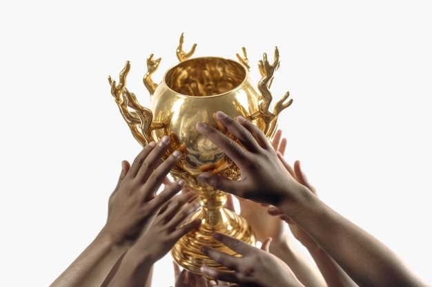 Close up image of human hands holding golden trophy cup with wheat grains