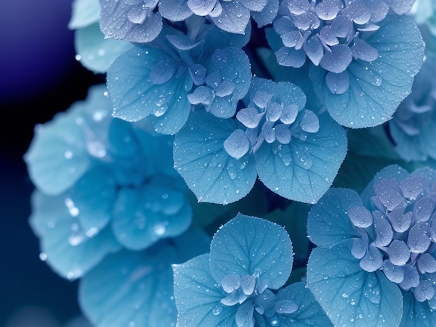 close up image of a hydrangeas with frost water droplets