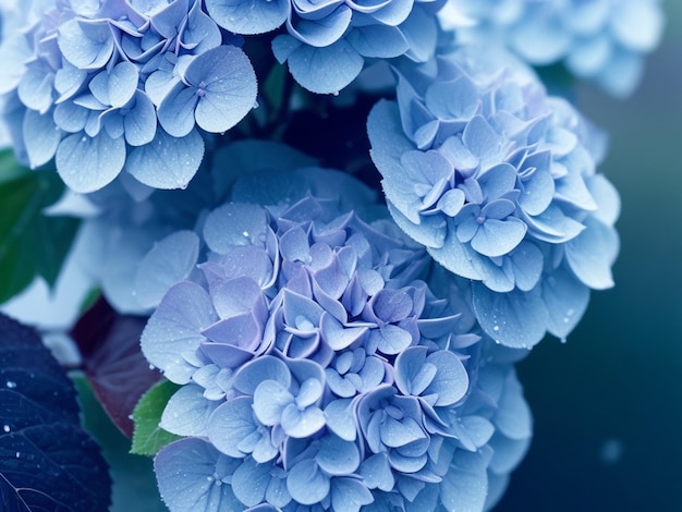 close up image of a hydrangeas with frost water droplets