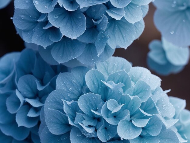 close up image of a hydrangeas with frost water droplets