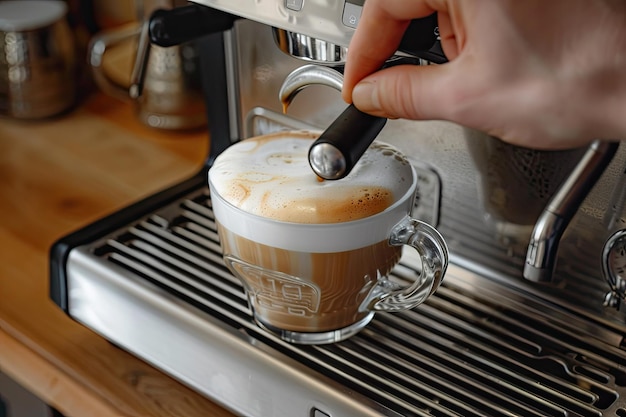 Close up image of a man preparing cappuccino in a coffee machine | Premium  AI-generated image