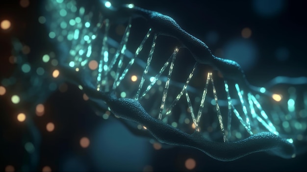 세포 생성 AI에서 DNA 가닥의 분자 이미지를 닫습니다.