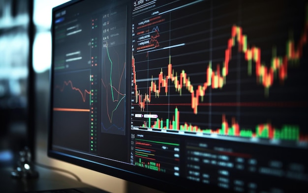 Foto immagine ravvicinata di un monitor che mostra le tendenze delle azioni finanziarie