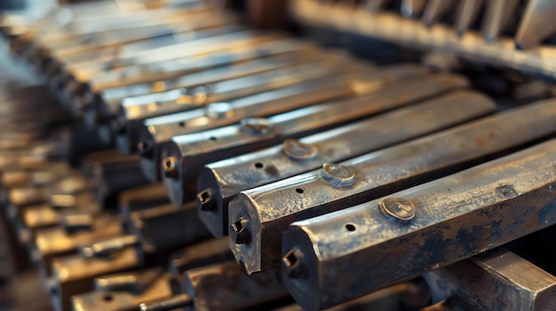 Photo a close up image of a rack of metal parts the parts are made of a dark metal and have a shiny finish