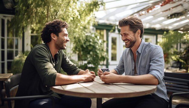 a close up image of a realistic man sitting at a breakfast table in a bright garden room looking at