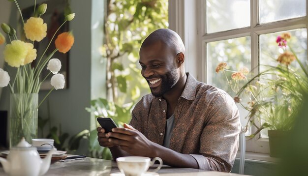 Photo a close up image of a realistic man sitting at a breakfast table in a bright garden room looking at