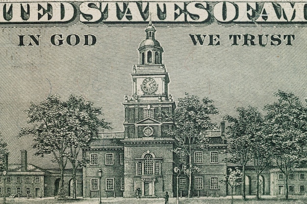 Close up of image on reverse of United States hundred-dollar bill.