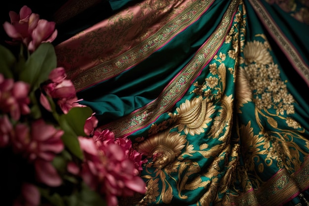 A close up image of Sari India traditional clothing background for website, prints or digital