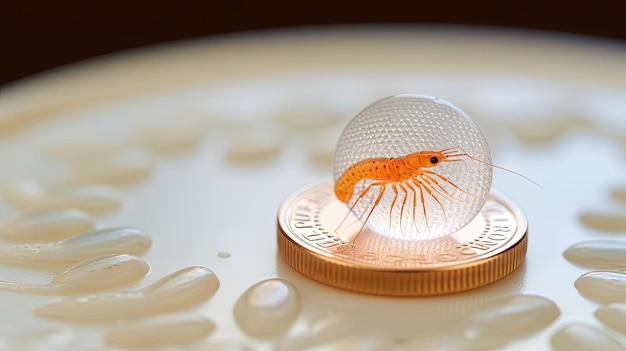 Photo close up image of a shrimp on a table in the style of pointillist tiny dots