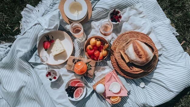 Close up image of tasty food in picnic sunny colors cheese fruits bread and champagne testy brea