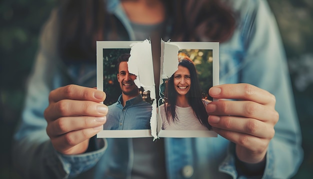 Photo close up image of torn into two pieces photograph of young couple in hands of upset crying woman