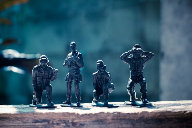 Close up image of  toy military army on battle field