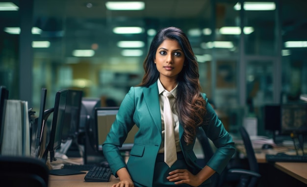 Close up of an Indian businesswoman with her workspace on the background