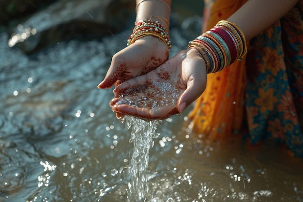 Foto primo piano di una donna indiana che gioca con l'acqua sullo sfondo in stile bokeh