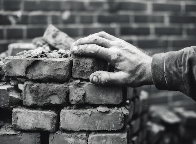 Close up of industrial bricklayer installing bricks on construction site Created with Generative AI technology