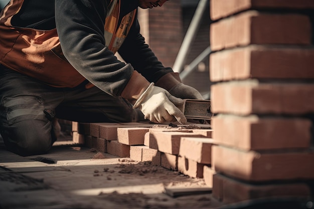 Close up of industrial bricklayer installing bricks on construction site Generative AI