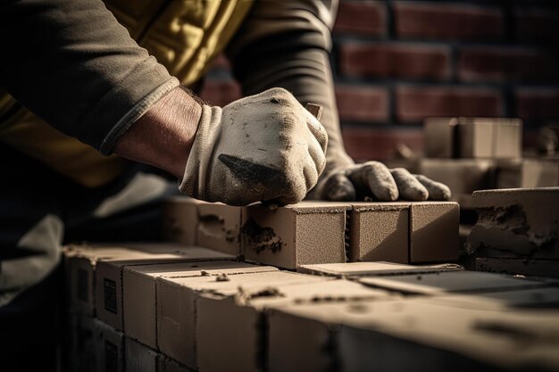 Close up of industrial bricklayer installing bricks on construction site Generative AI