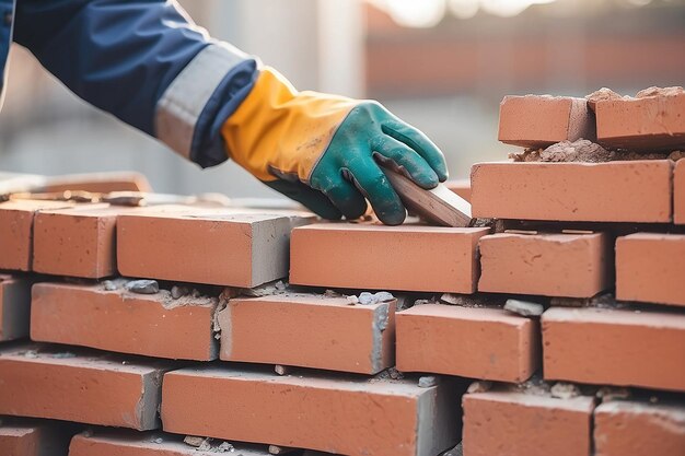 Close up of industrial bricklayer installing bricks on construction site