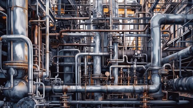 Close up industrial view oil refining equipment generative ai